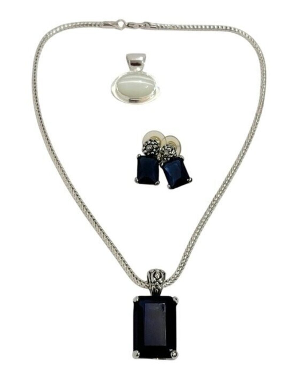 Vintage  Blue Pendant Necklace Earring Set Pearl Pendant